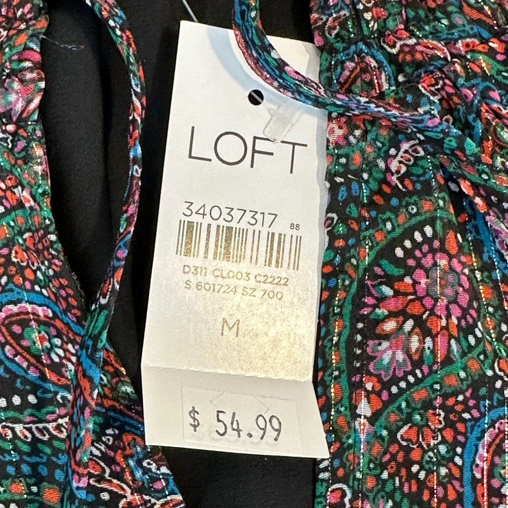 LOFT Women's Multicolor Shimmer Paisley Smocked Ruffle Tie Neck Blouse Sz M - Picture 11 of 13